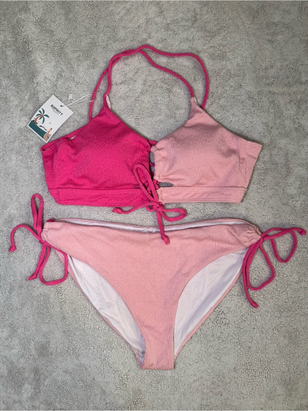B2prity Two Tone Pink Bikini Set Textured Halter Tie Side Swimwear NWT